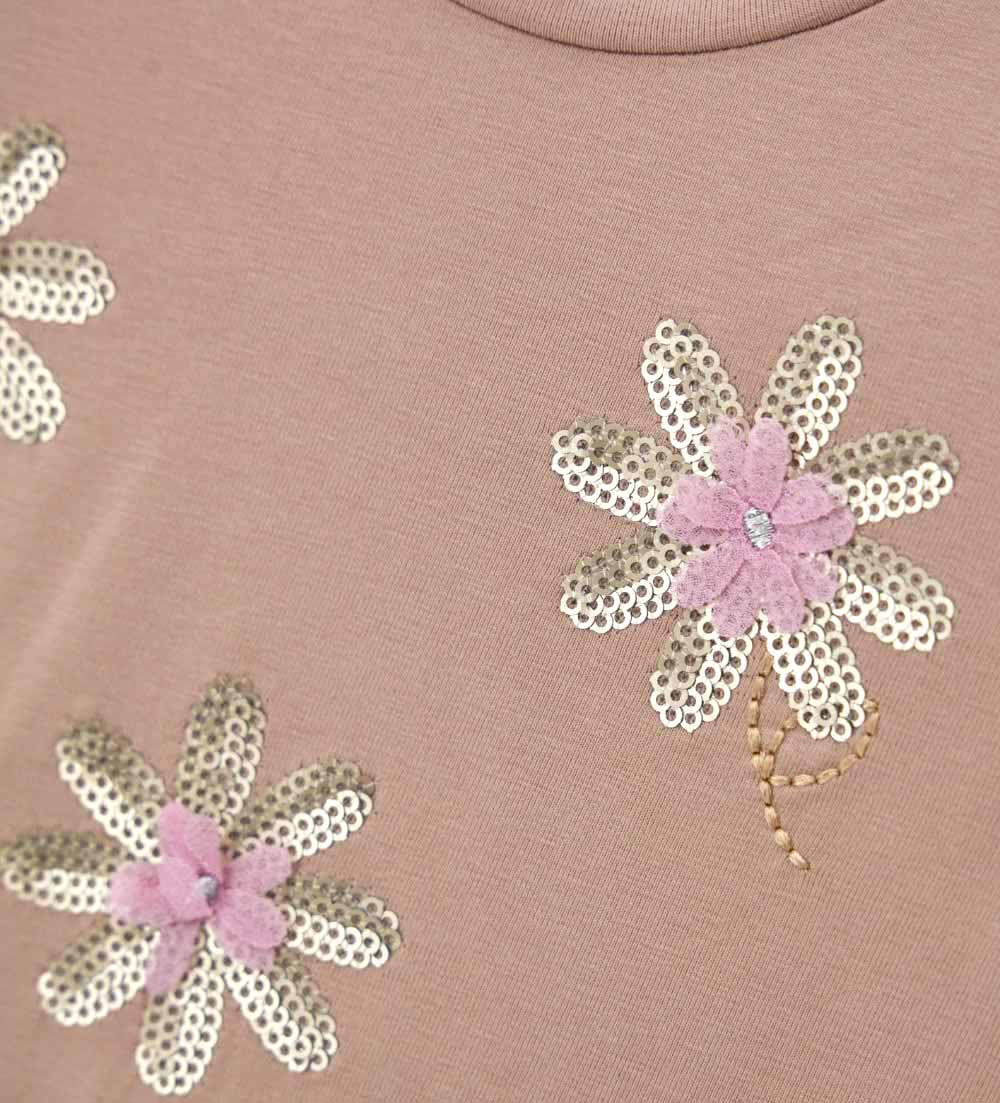 Girl - T-shirt with flowers and sequins 9 - 12 M Beige