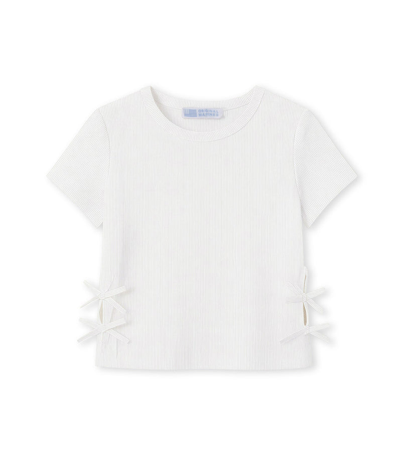 Girl - Bow Appliqué Ribbed T-shirt 9 - 10 Y White