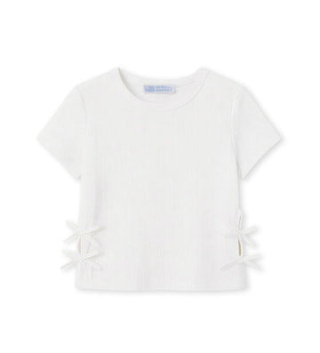 Girl - Bow Appliqué Ribbed T-shirt 9 - 10 Y White