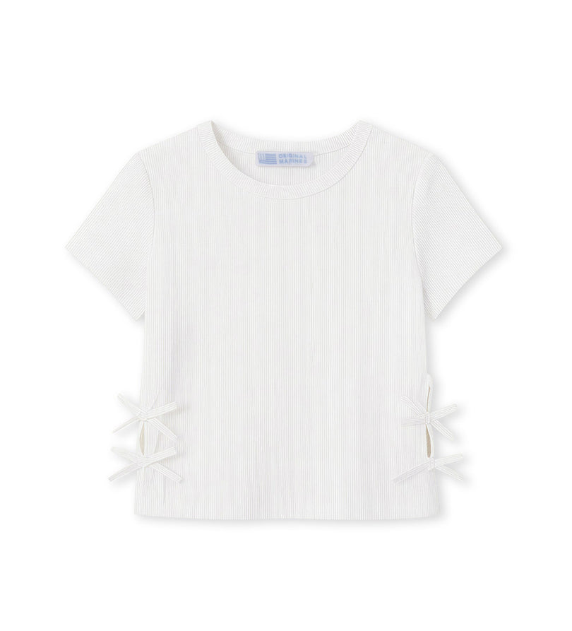 Girl - Bow Appliqué Ribbed T-shirt 9 - 10 Y White