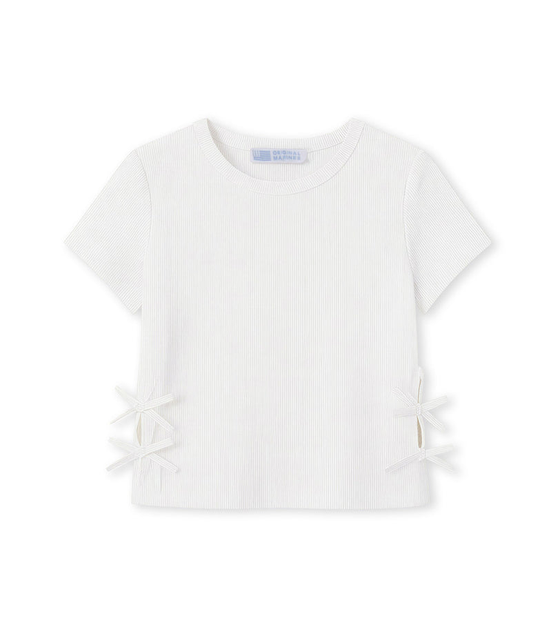 Girl - Bow Appliqué Ribbed T-shirt 9 - 10 Y White
