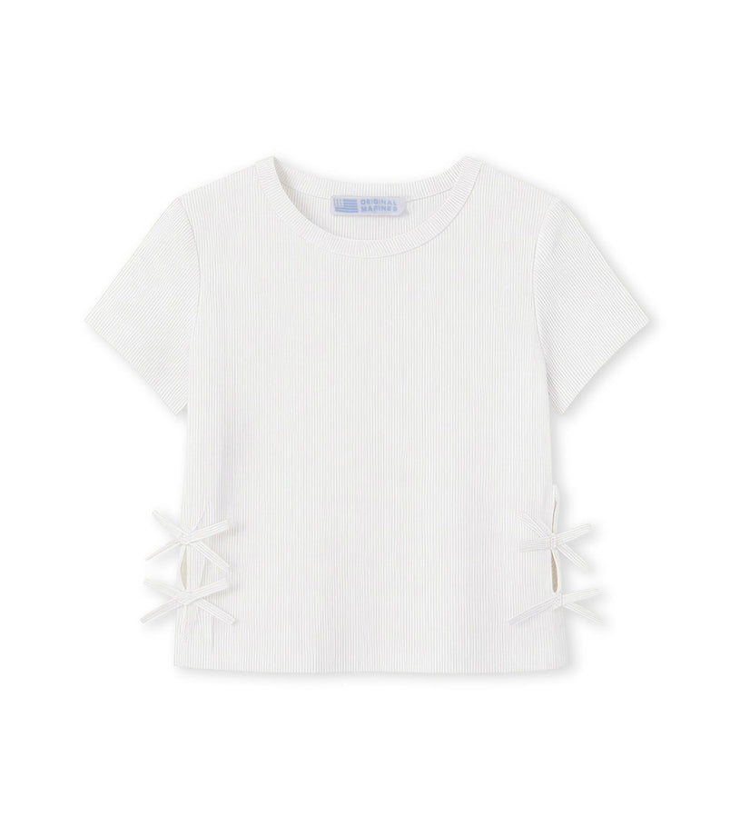Girl - Bow Appliqué Ribbed T-shirt 9 - 10 Y White