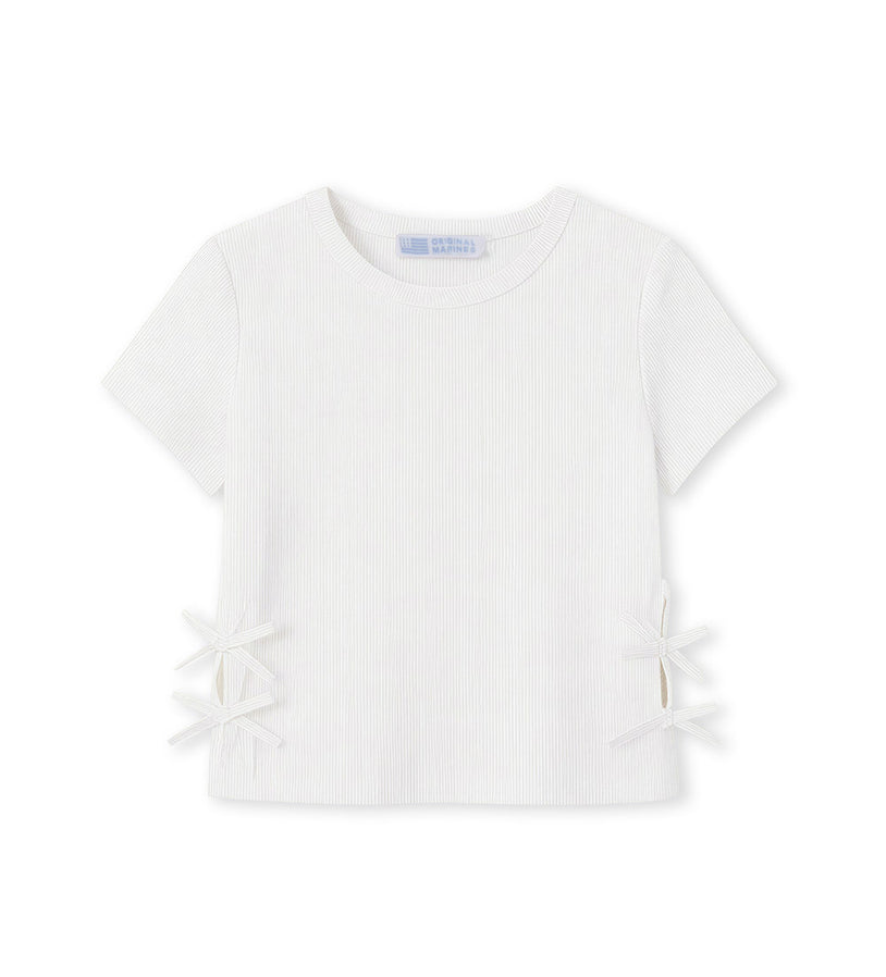 Girl - Bow Appliqué Ribbed T-shirt 9 - 10 Y White