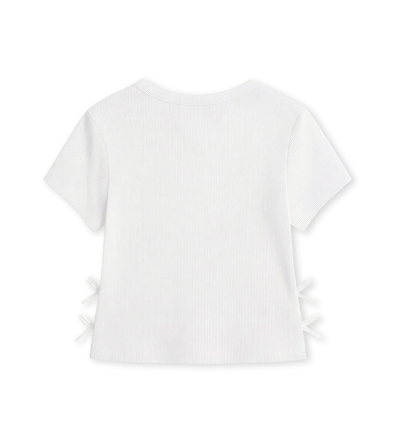 Girl - Bow Appliqué Ribbed T-shirt 9 - 10 Y White