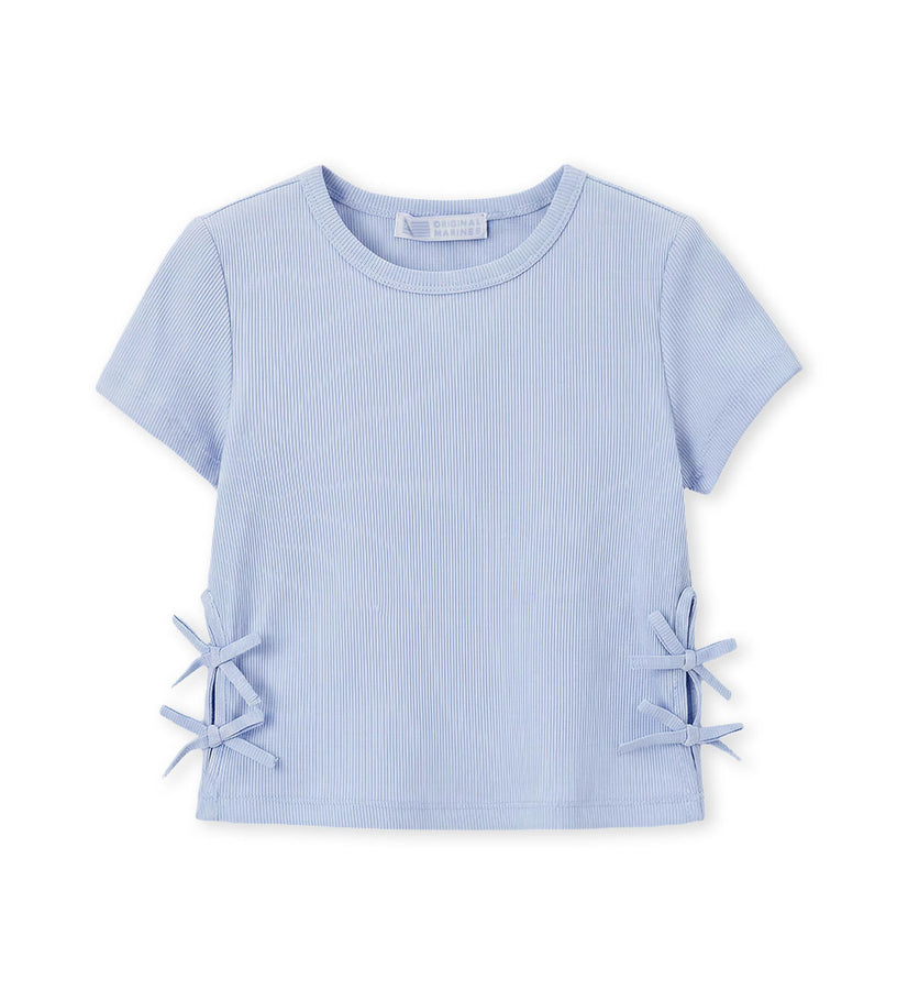 Girl - Bow Appliqué Ribbed T-shirt 9 - 10 Y White