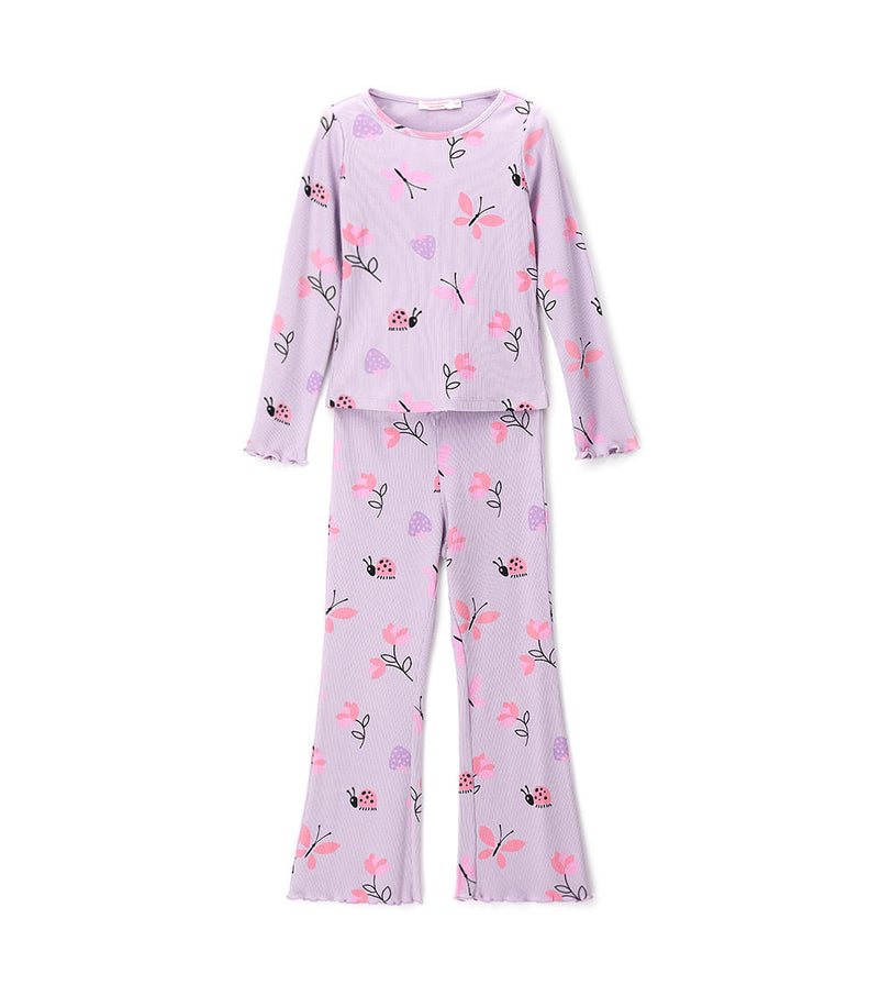 Girl - Long Sleeve Ribbed Pajamas 9 - 10 Y Purple