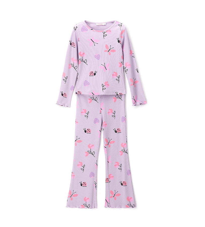 Girl - Long Sleeve Ribbed Pajamas 9 - 10 Y Purple
