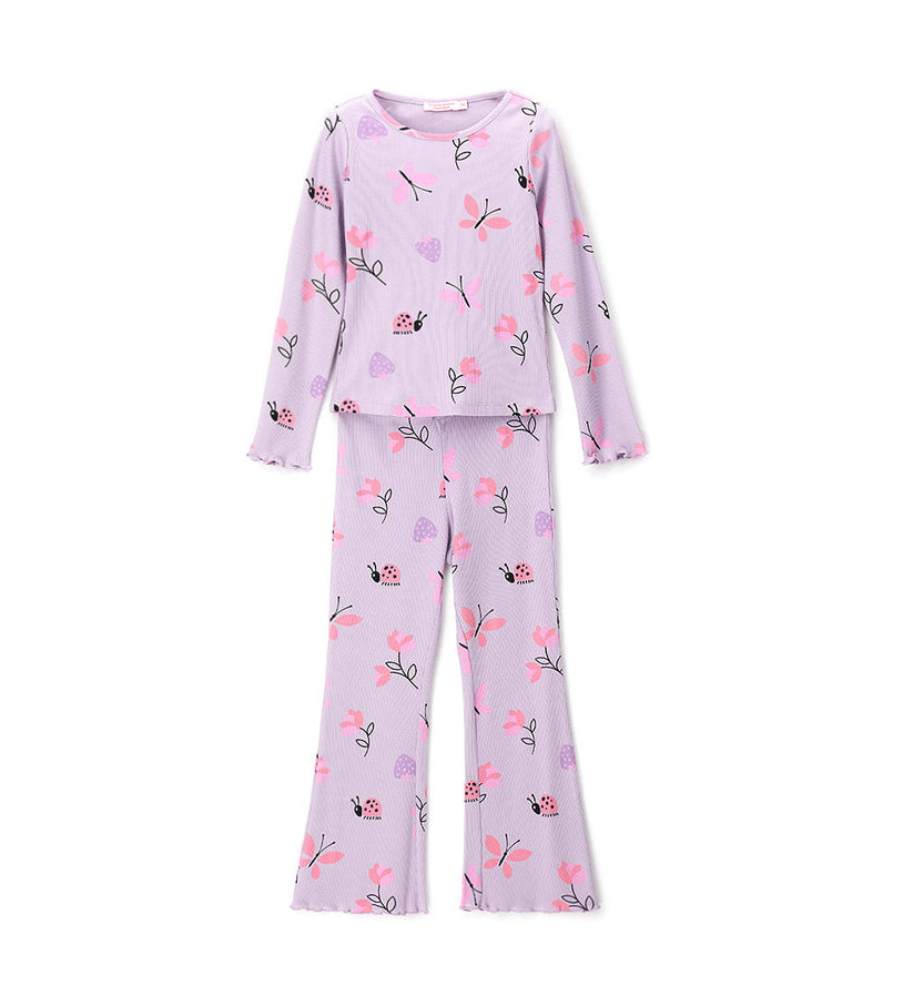 Girl - Long Sleeve Ribbed Pajamas 9 - 10 Y Purple