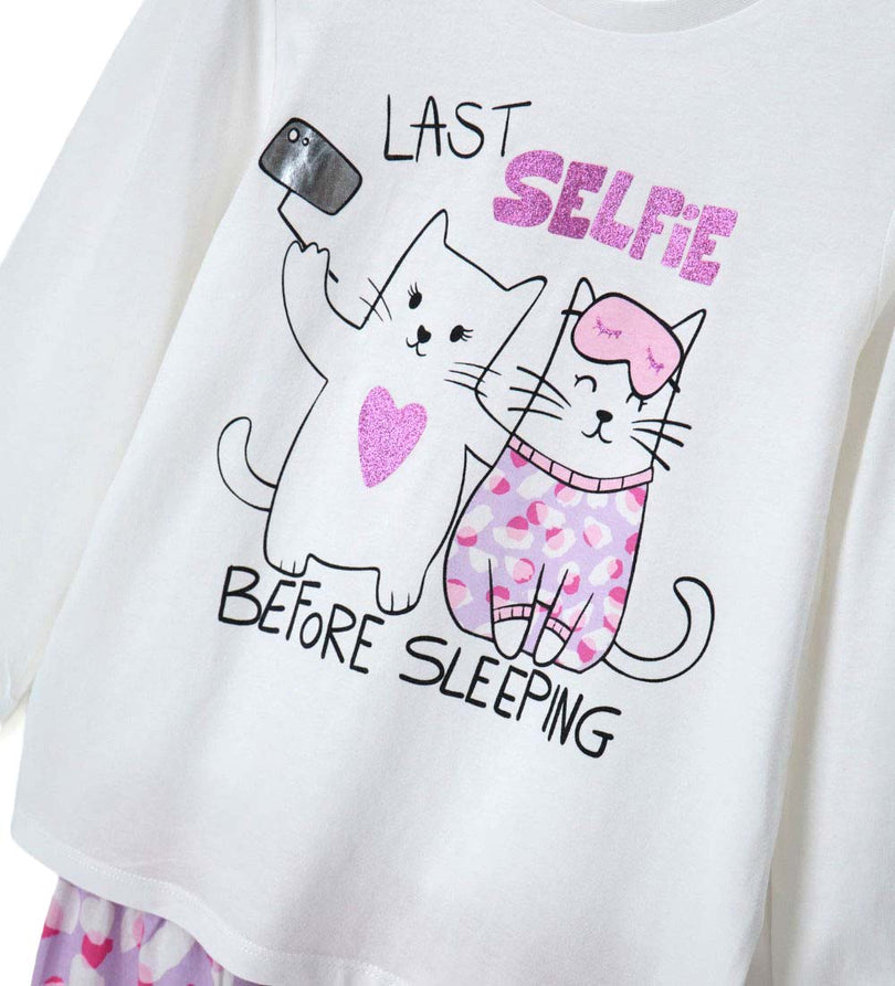 Girl - Glitter Printed Pajamas 9 - 10 Y White